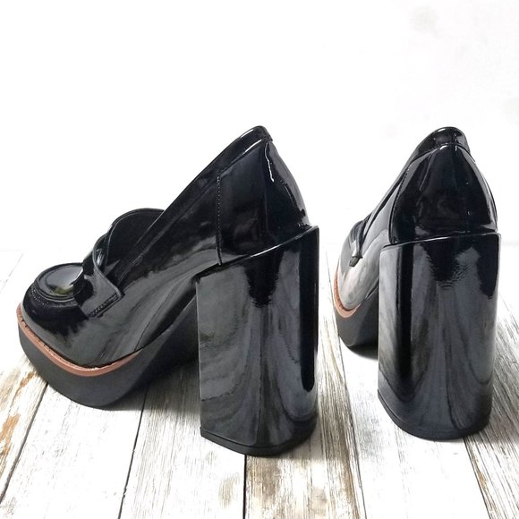 New Black Patent Square Toe Platform Penny Loafers Chunky Heels - Picture 4 of 4